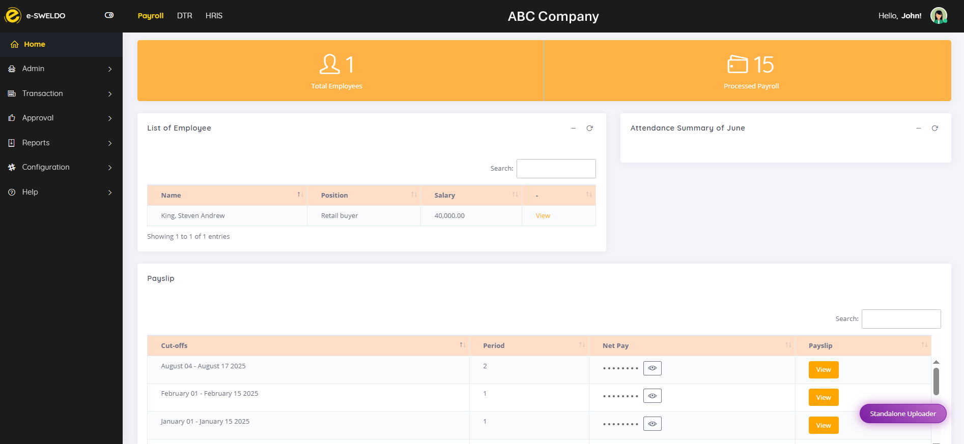 e-Sweldo Dashboard Interface Bottom View